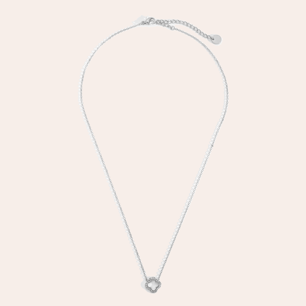 Silberne Edelstahl-Halskette mit 3D-Diamant-Hohlklee-Anhänger, filigranes Design, verstellbare Länge