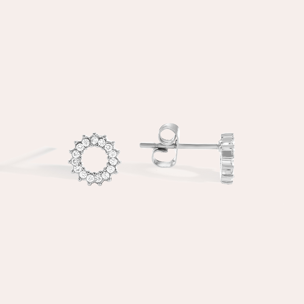 Silberne Edelstahl-Ohrringe in Blumenform mit Diamantakzenten, kreisförmiges Design, glänzende Oberfläche