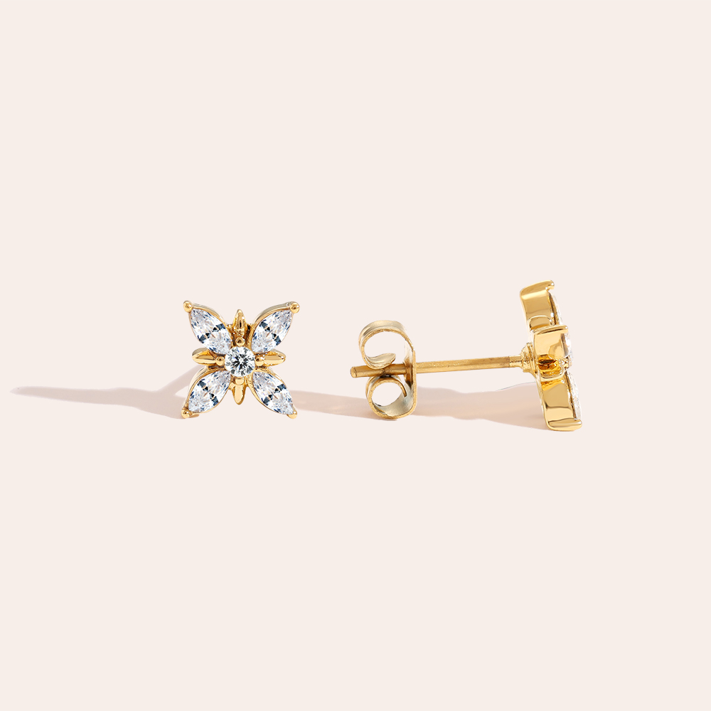 Goldene Edelstahl-Ohrringe in Diamantform mit Blumenmotiv, funkelnde Steine, glänzendes Finish