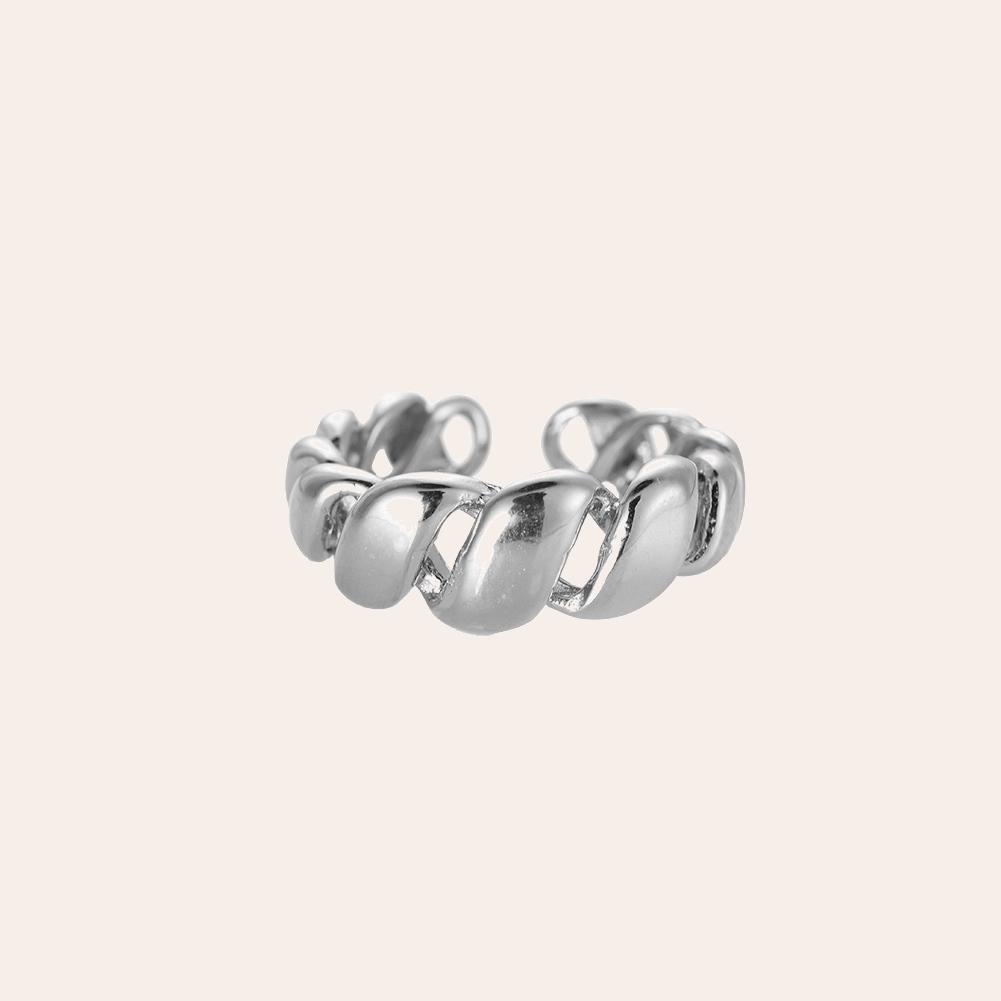 Silberner Edelstahlring mit gedrehtem Design, offene Form, glänzende Oberfläche