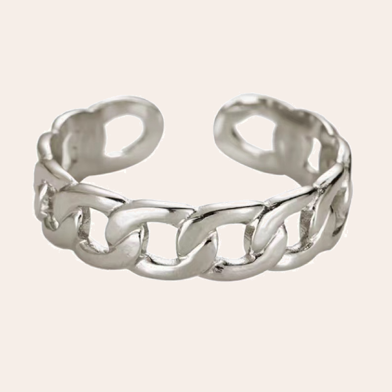 Silberner Edelstahlring mit Kettenglied-Design, offene Form, glänzende Oberfläche