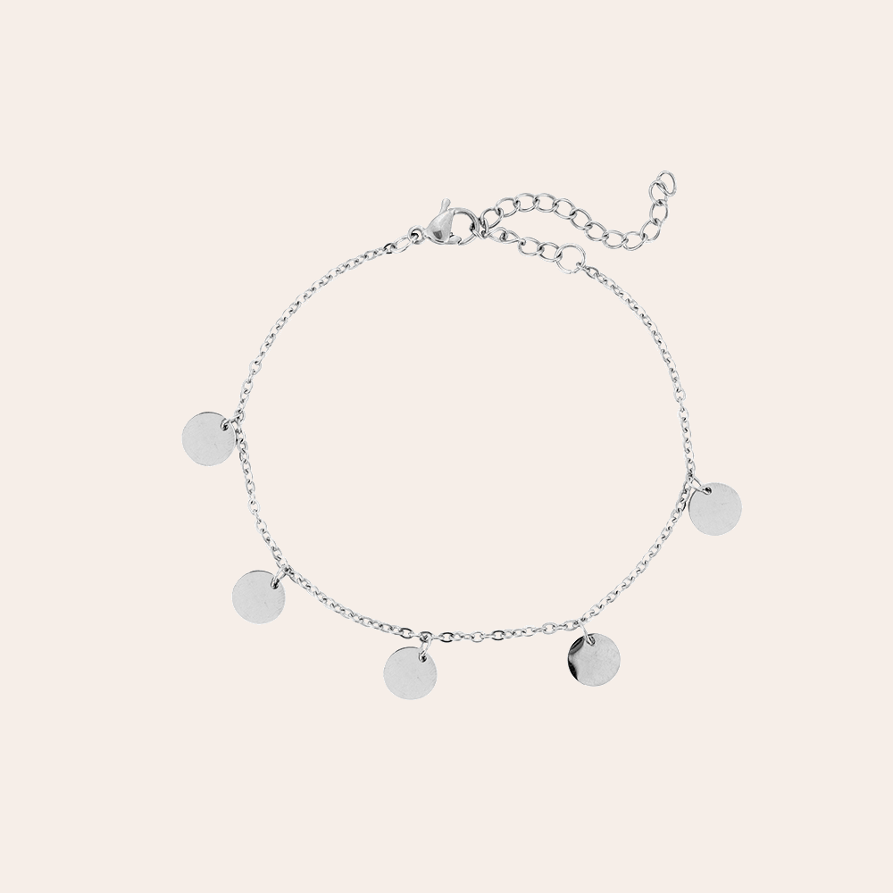 Silbernes Edelstahl-Armband mit runden Plättchen-Anhängern und verstellbarem Kettchenverschluss