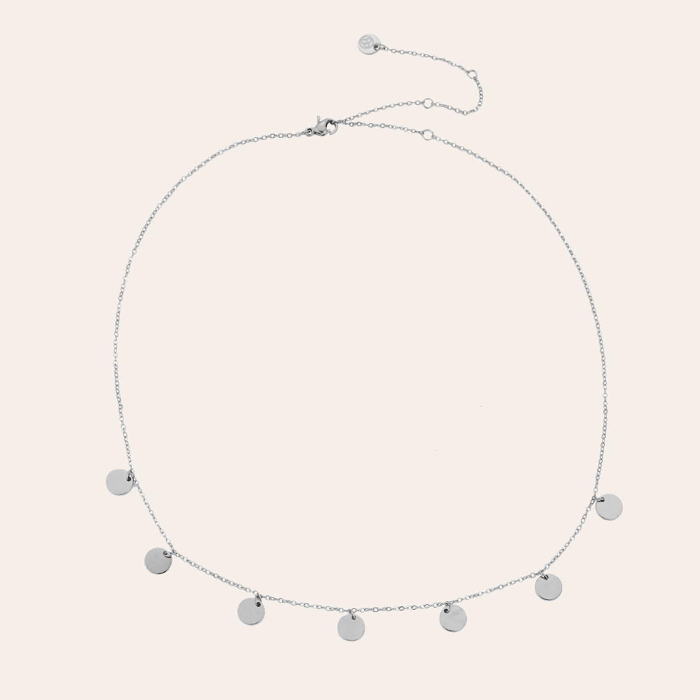 Silberne Edelstahlkette mit stufbaren runden Plättchen, filigranes Design, verstellbarer Verschluss