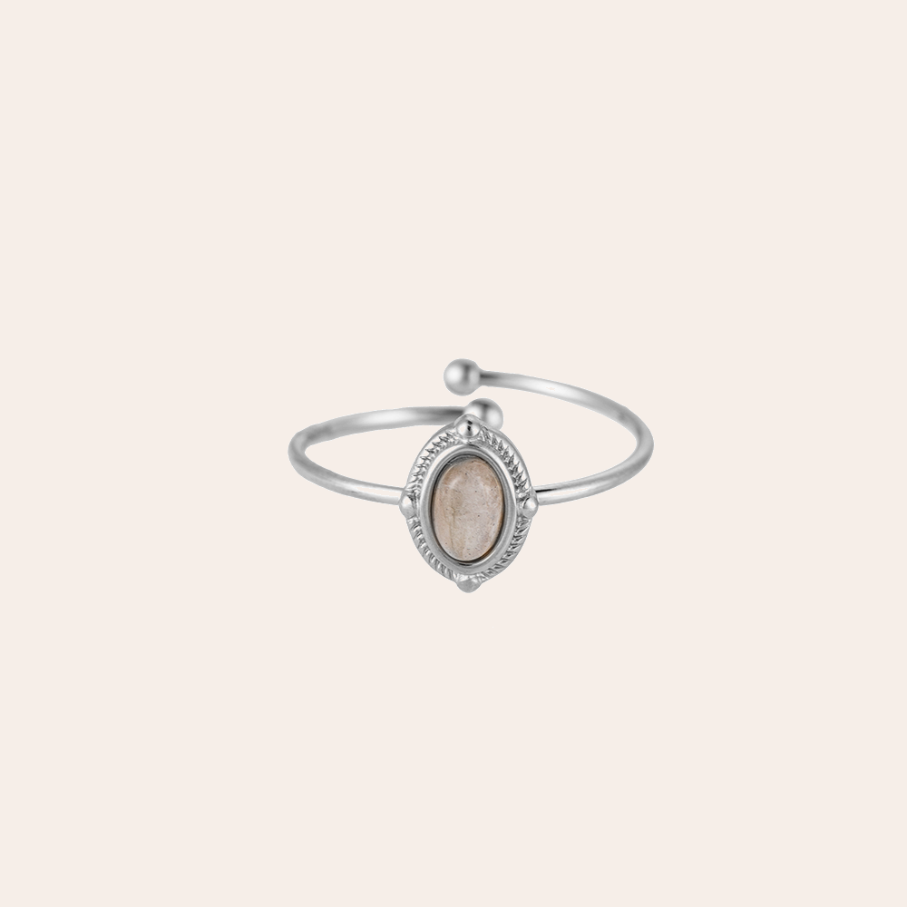 Silberner Sloane Edelstahlring mit ovalem Stein in der Mitte, filigrane Details am Rand, offenes Design