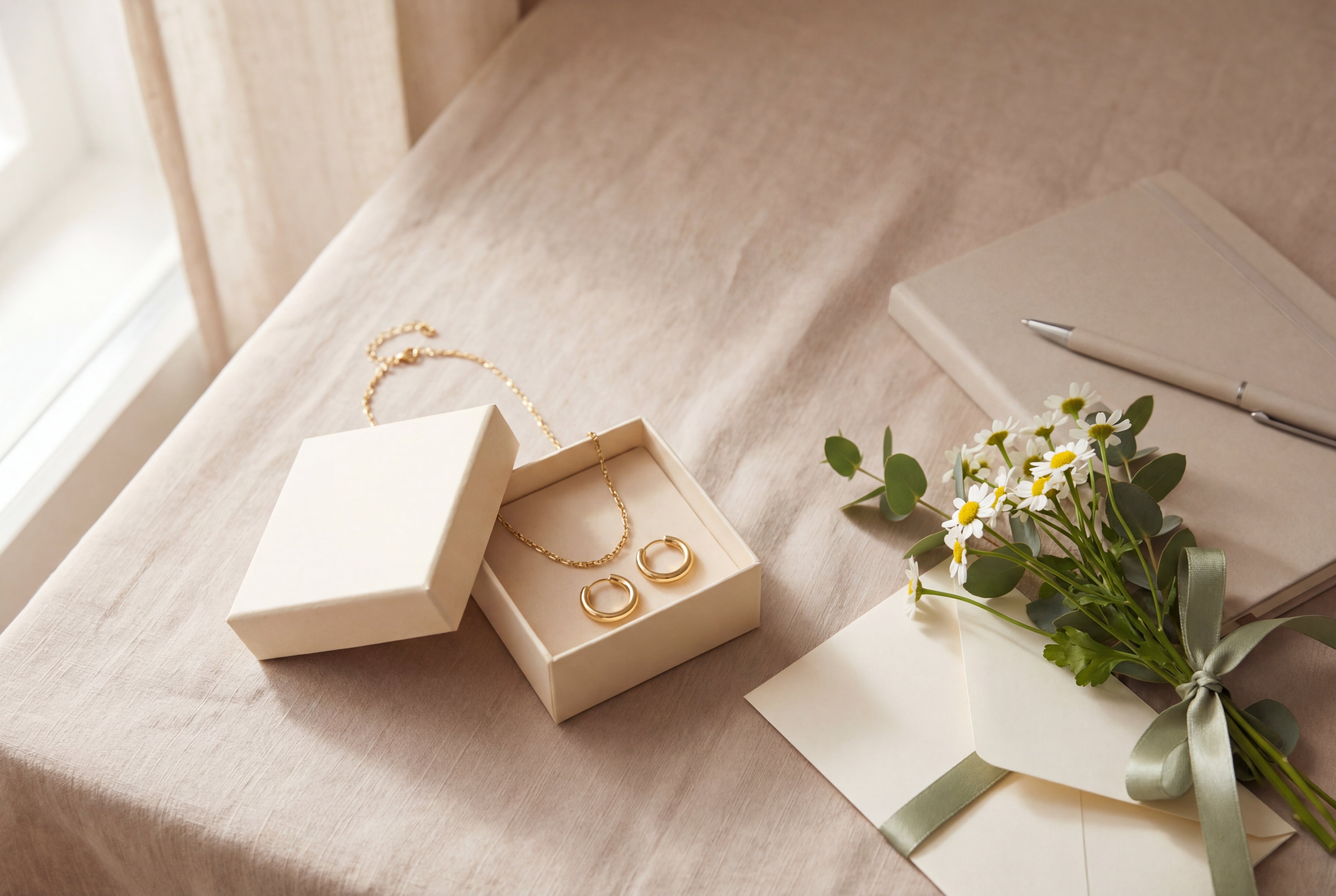 Offene Schmuckbox mit filigraner goldfarbener Kette und Mini-Creolen auf hellem Leinen neben Notizbuch und kleinen weißen Blumen.