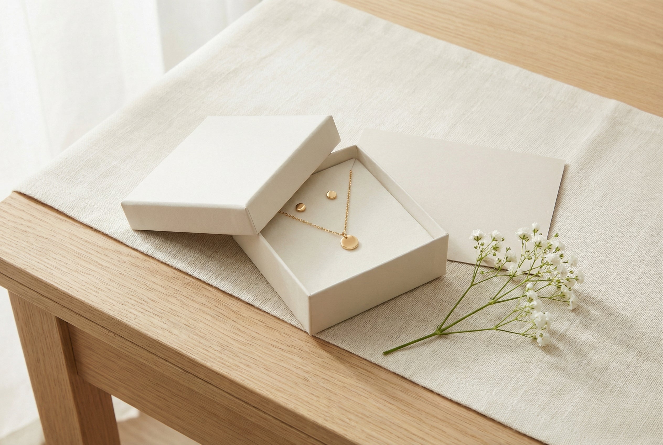 Offenes, schlichtes Schmuckkästchen mit feiner goldfarbener Kette und kleinen Ohrsteckern auf hellem Leinen in weichem Tageslicht.