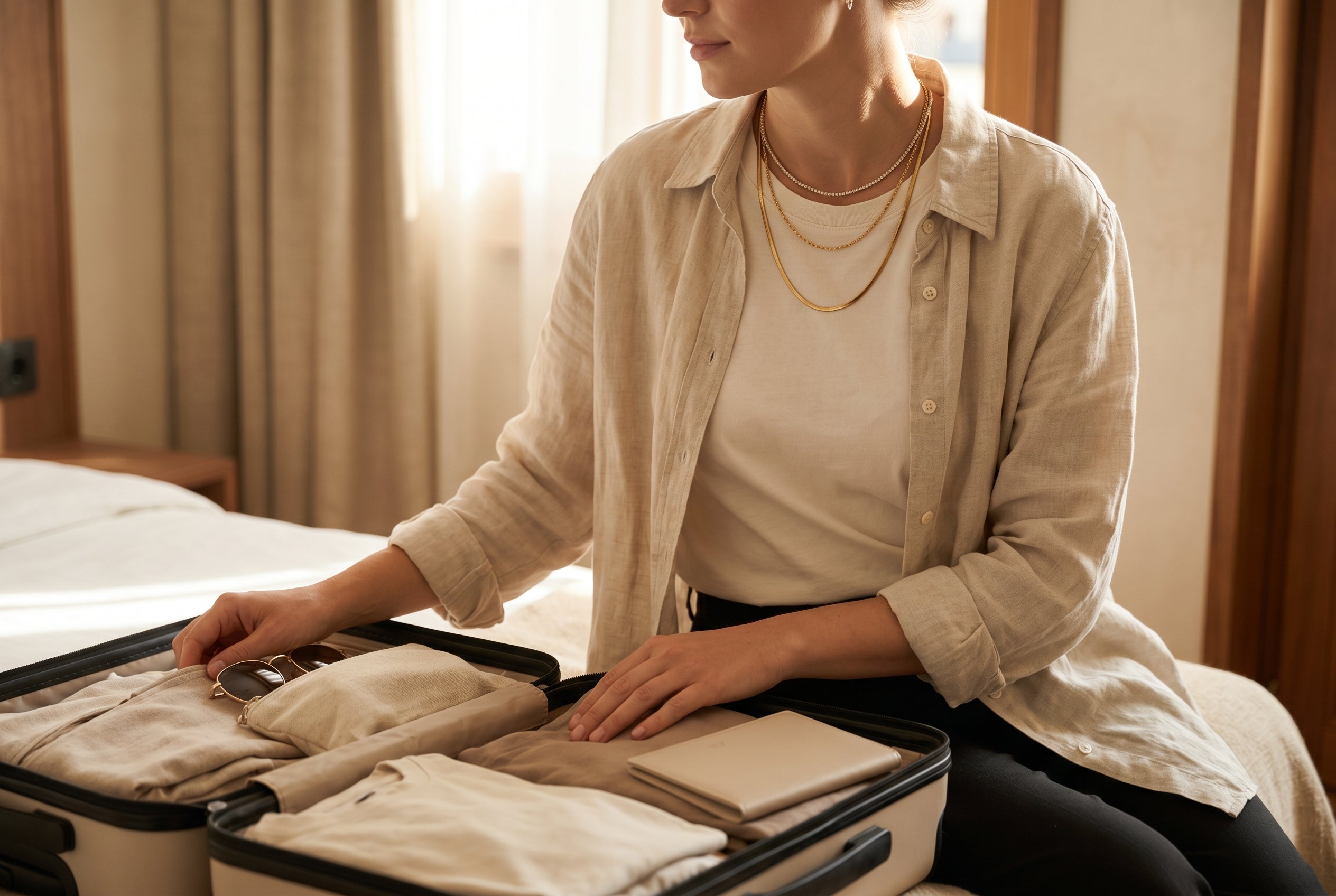 Person im hellen Hotelzimmer beim Packen: Am Hals sind zwei gelayerte Edelstahlketten (eine kurze feine Kette und eine längere Snake-Chain) über einem off-white T-Shirt und offenem Leinenhemd zu sehen, daneben ein geöffneter Carry-on-Koffer.