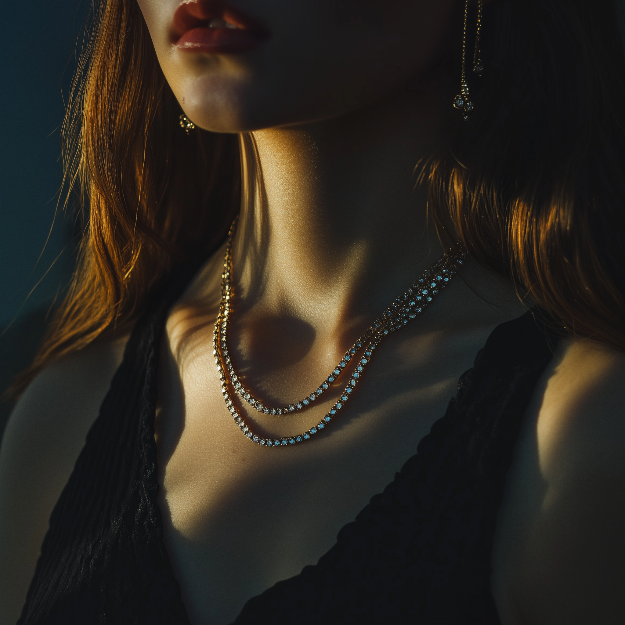 Eine Frau trägt eine zweilagige, funkelnde Halskette von Nymara im sanften Licht, kombiniert mit zarten Ohrringen. Der Schmuck verleiht dem eleganten, dunklen Outfit einen Hauch von Glamour.