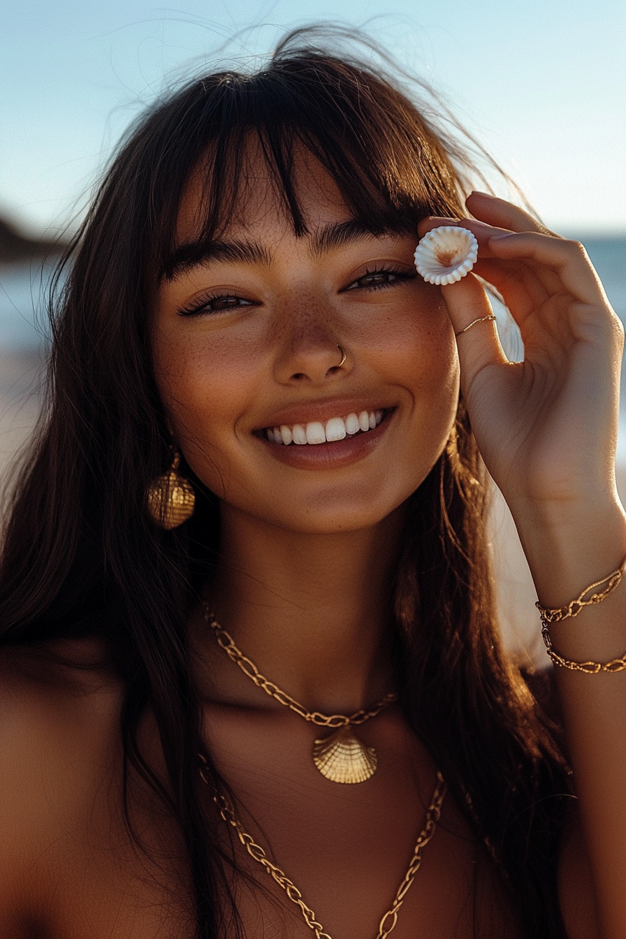 Lachende Frau mit dunklem Haar trägt goldene Muschel-Ohrringe, eine passende Kette und Armbänder von Nymara. Sie hält eine kleine Muschel ans Auge und strahlt Freude aus, während sie am Strand steht.