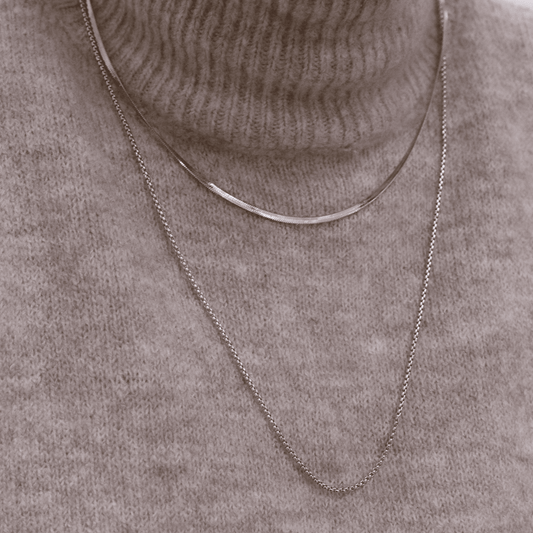 Zwei Edelstahlketten in Schlangenoptik, eine kürzer und eine länger, auf grauem Strickpullover drapiert.