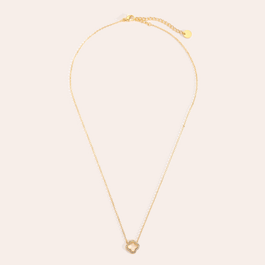 Goldene Edelstahl-Halskette mit 3D-Diamant-Hohlkleeblatt-Anhänger, filigranes Design, verstellbare Länge