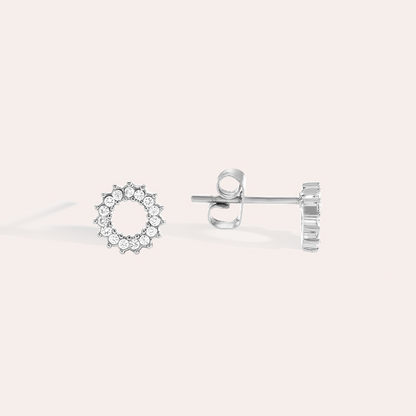 Silberne Edelstahl-Ohrringe in Blumenform mit Diamantakzenten, kreisförmiges Design, glänzende Oberfläche