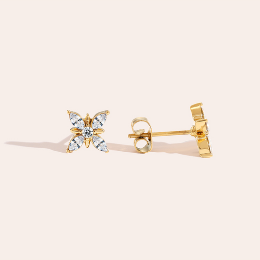 Goldene Edelstahl-Ohrringe in Diamantform mit Blumenmotiv, funkelnde Steine, glänzendes Finish