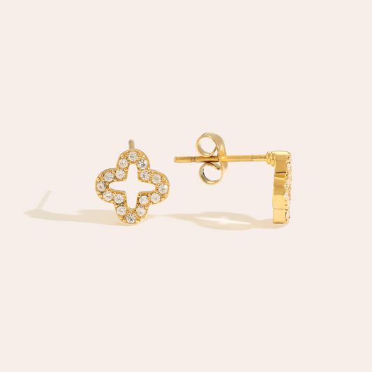 Goldene Edelstahl-Ohrringe in Kleeblattform mit hohlem Design und Diamantbesatz