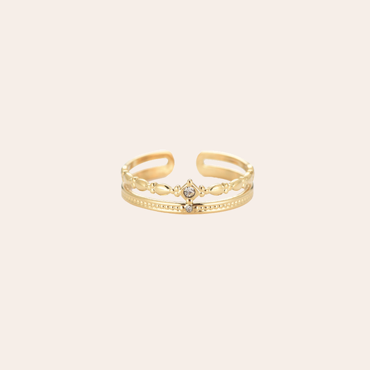 Goldfarbener Edelstahlring mit zwei Schichten und Ziersteinen, filigranes Design, offene Ringschiene