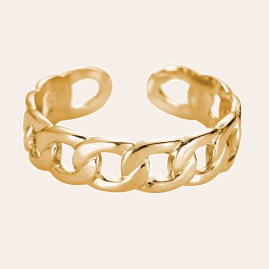 Goldfarbener Edelstahlring in Kettenoptik, offenes Design, glänzende Oberfläche