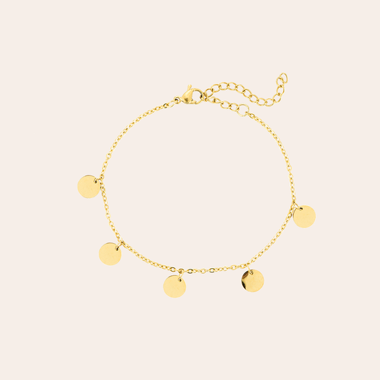 Goldenes Edelstahl-Armband mit runden Plättchen-Anhängern, filigrane Kettenglieder, verstellbarer Verschluss