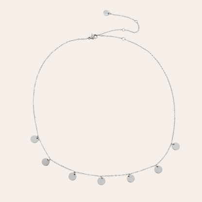 Silberne Edelstahlkette mit stufbaren runden Plättchen, filigranes Design, verstellbarer Verschluss