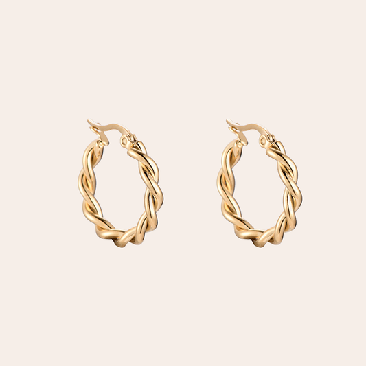 Goldene Edelstahl-Ohrringe in gedrehter Form, Modell Twirling 2.0, mit Klappverschluss