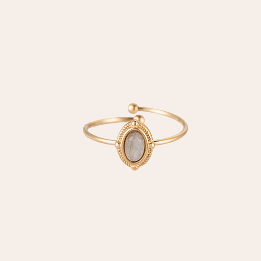 Goldfarbener Edelstahlring mit ovalem Stein und filigranem Design, verstellbar, elegantes Accessoire